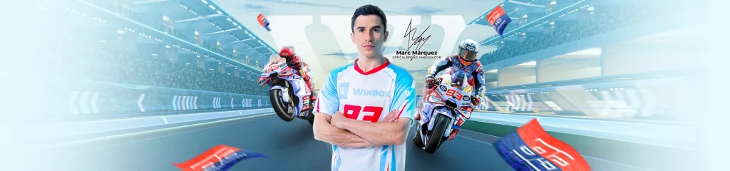 Winbox Casino banner featuring Marc Marquez, the brand ambassador.